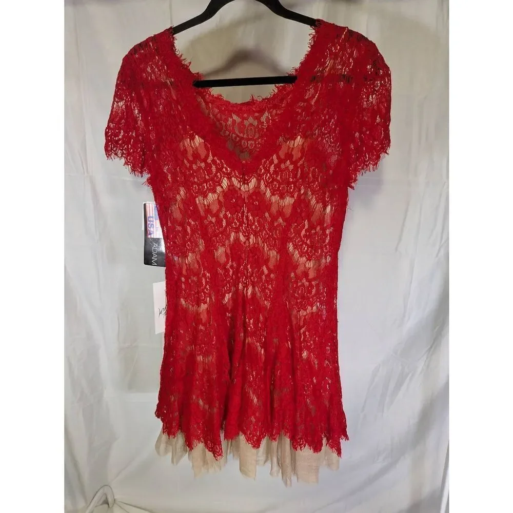 NWT Betsy & Adam Red Lace with Nude Contrast Dress Women's 6